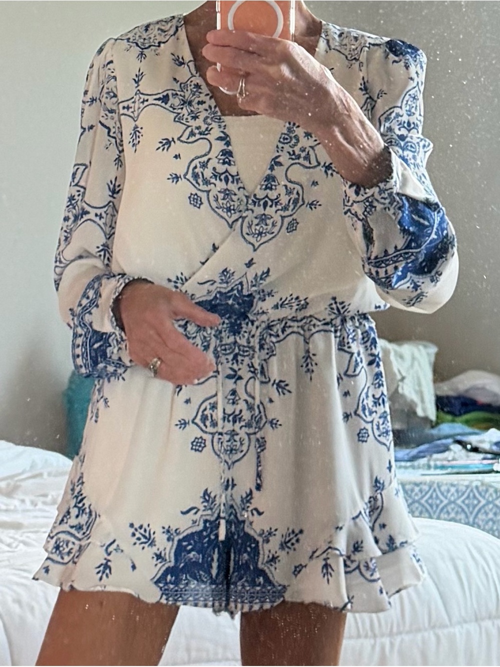 Lovers + Friends White & Cobalt Blue Patterned Romper Size S
